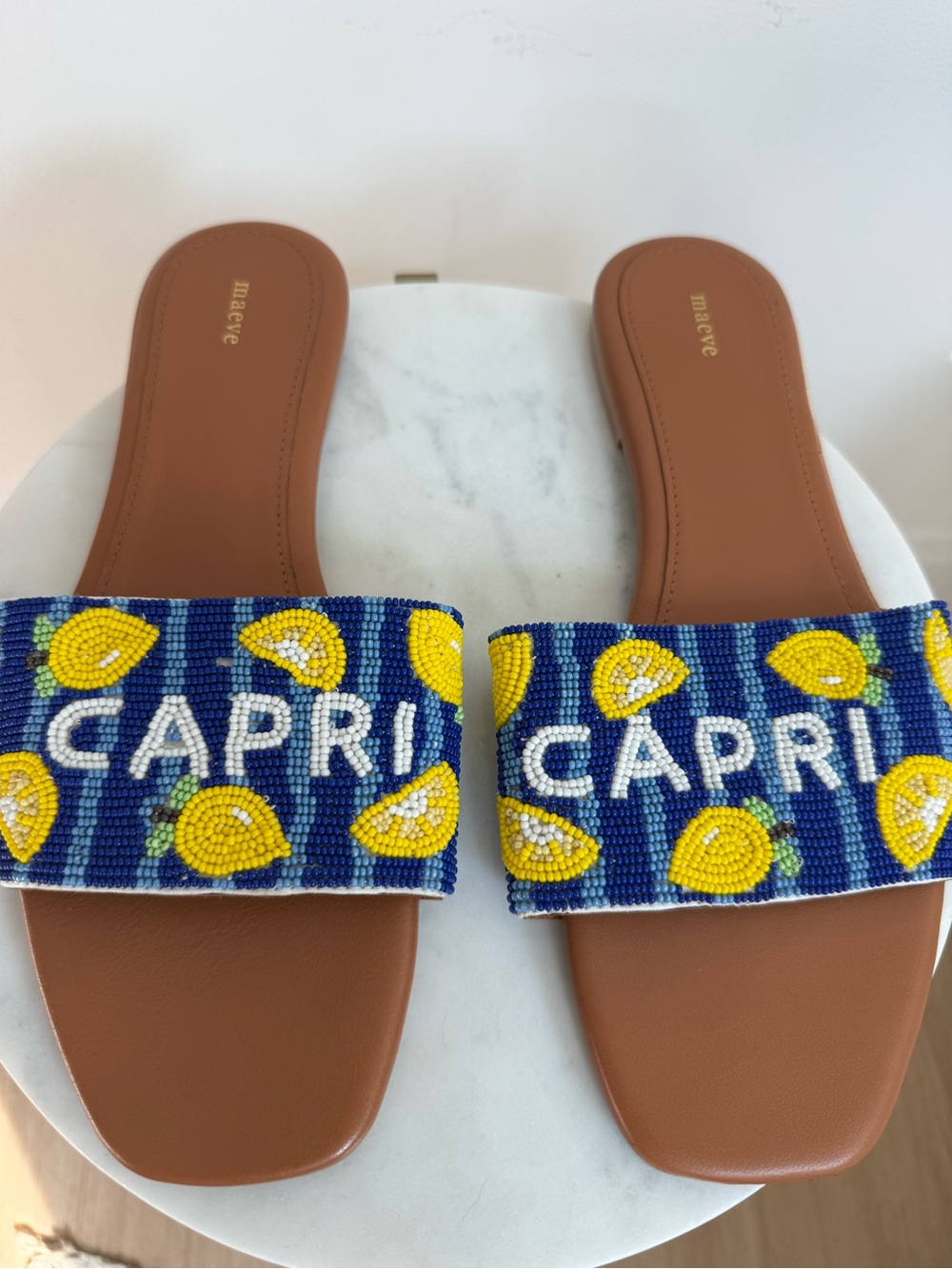 Anthropologie Maeve Capri Beaded Slide Sandals - Yellow/Blue